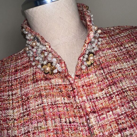 Chico's Orange Embellished Collar AND Cuffs Tweed Jacket Women's Size 1 EUC - Picture 3 of 11
